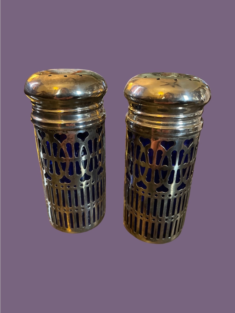 Vtg Salt & Pepper Shakers: Cobalt Blue Glass & Silver Plate - Hong Kong
